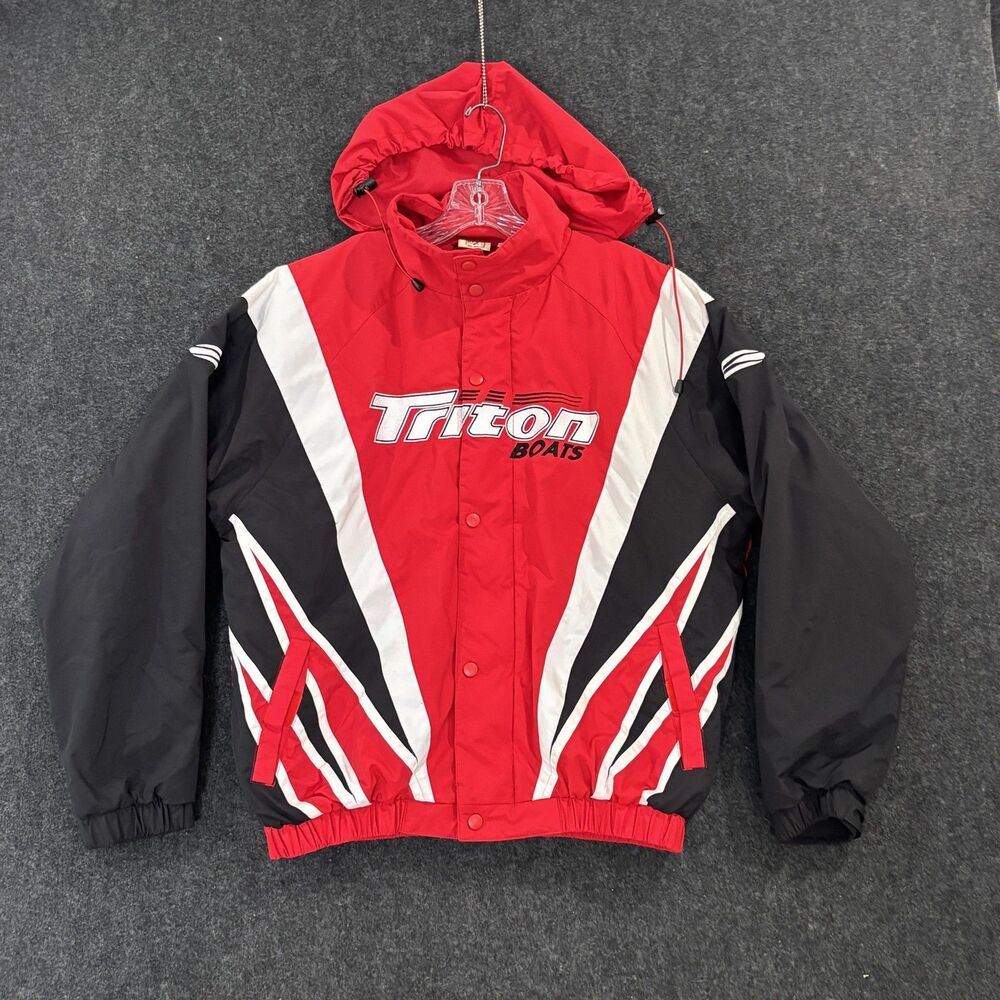 Triton Boats Team Jacket Men's Medium Red Black White Hooded Full Zip The Game